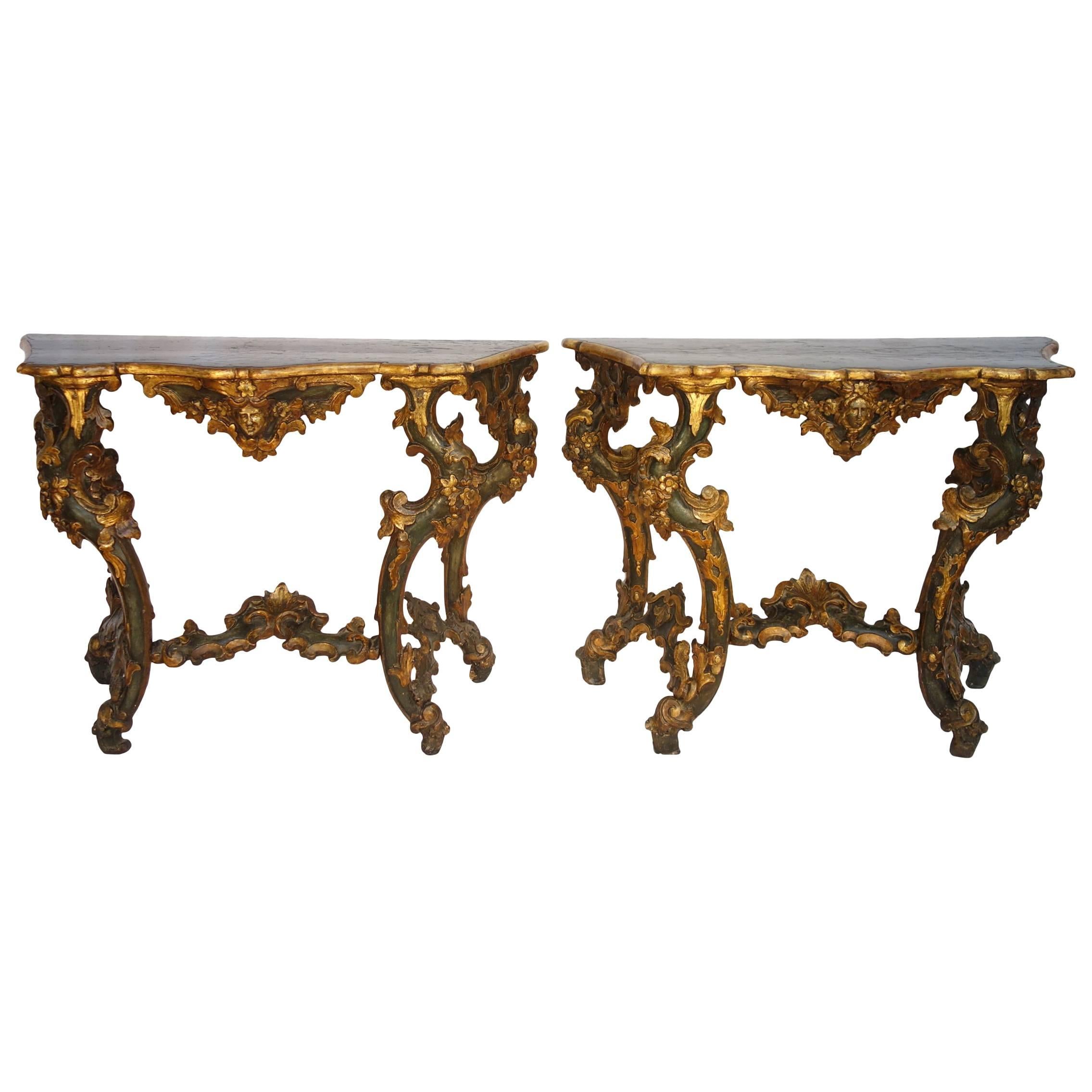 18th Century Pair of Roman Parcel Gilt and Painted Console Tables Circa 1750 