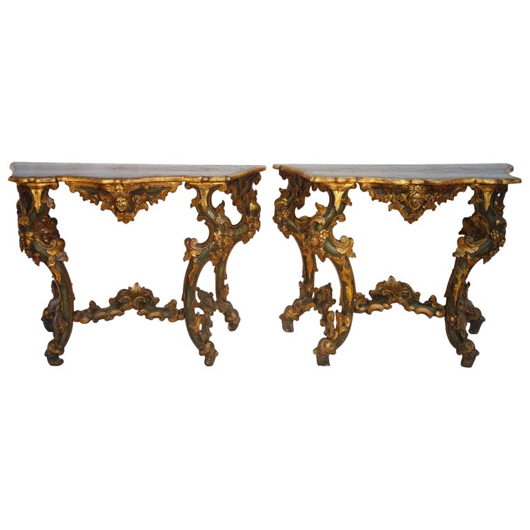 18th Century Pair of Roman Parcel Gilt and Painted Console Tables Circa ...