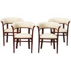 Set of Four Early Deco Barrel Back Chairs with Leather Upholstery