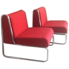 Pair of 1960s Italian Bright Red Upholstered Lounge Chairs with Tubular Chrome