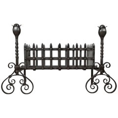 Antique Fire Basket, Large Victorian Iron Grate on Andirons, circa 1900