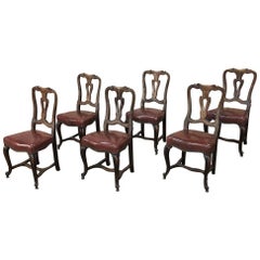 Set of Six Antique Italian Walnut Baroque Dining Chairs with Leather Upholstery 