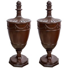 Pair of Mahogany Urns with Lids