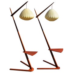 Danish Modern Teak Rispal Style Floor Lamps, Two