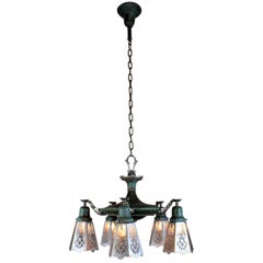 Antique Five-Light Pan Fixture in Verdigris, with Cut-Out Shades