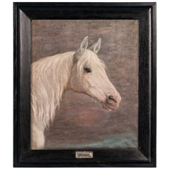 Antique Early 20th Century Original Danish Oil Painting of a White Horse