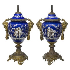 Antique Pair of French Ormolu and Porcelain Covered Urn Lamps, 19th Century