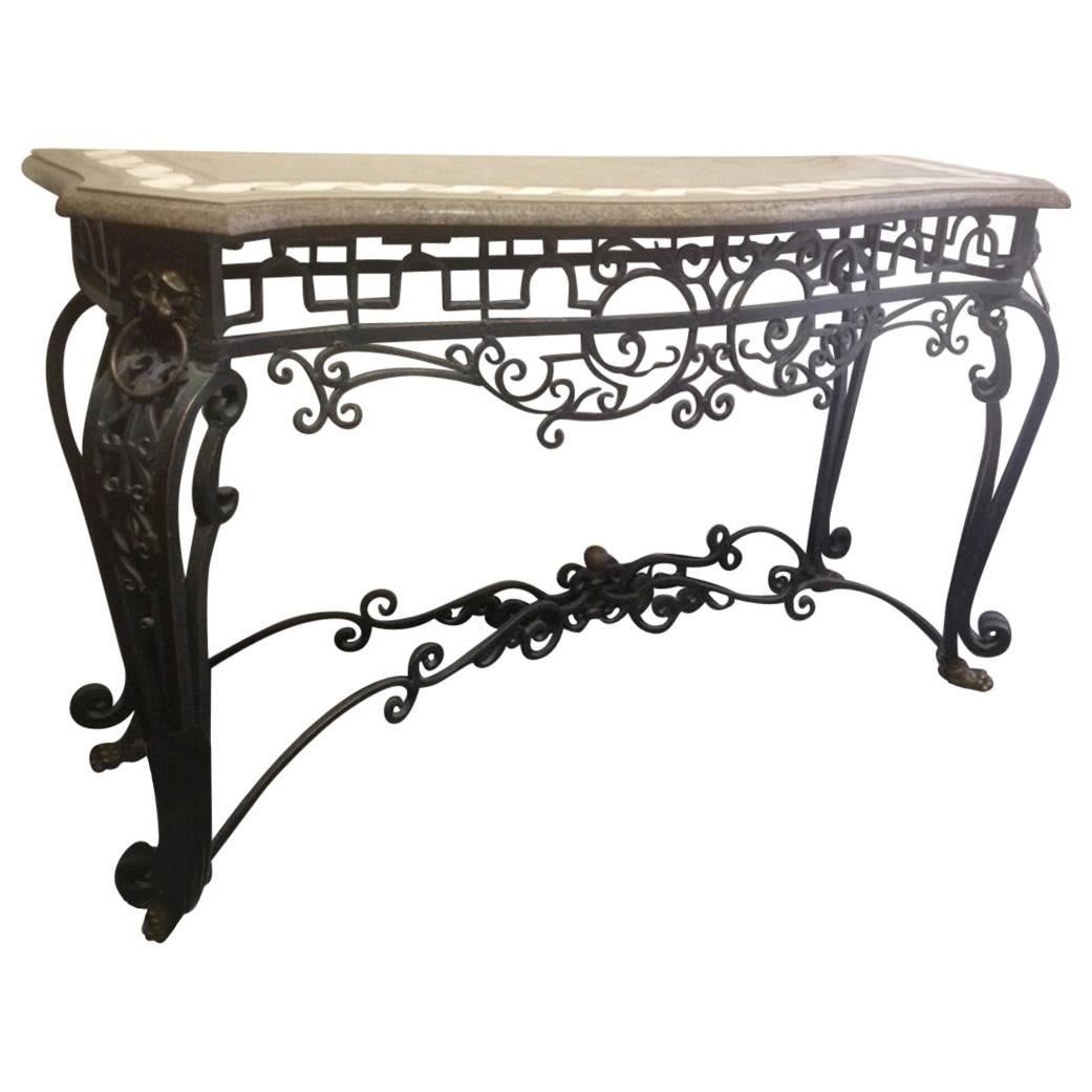 Italian Wrought Iron and Bronze Console with Marble Top