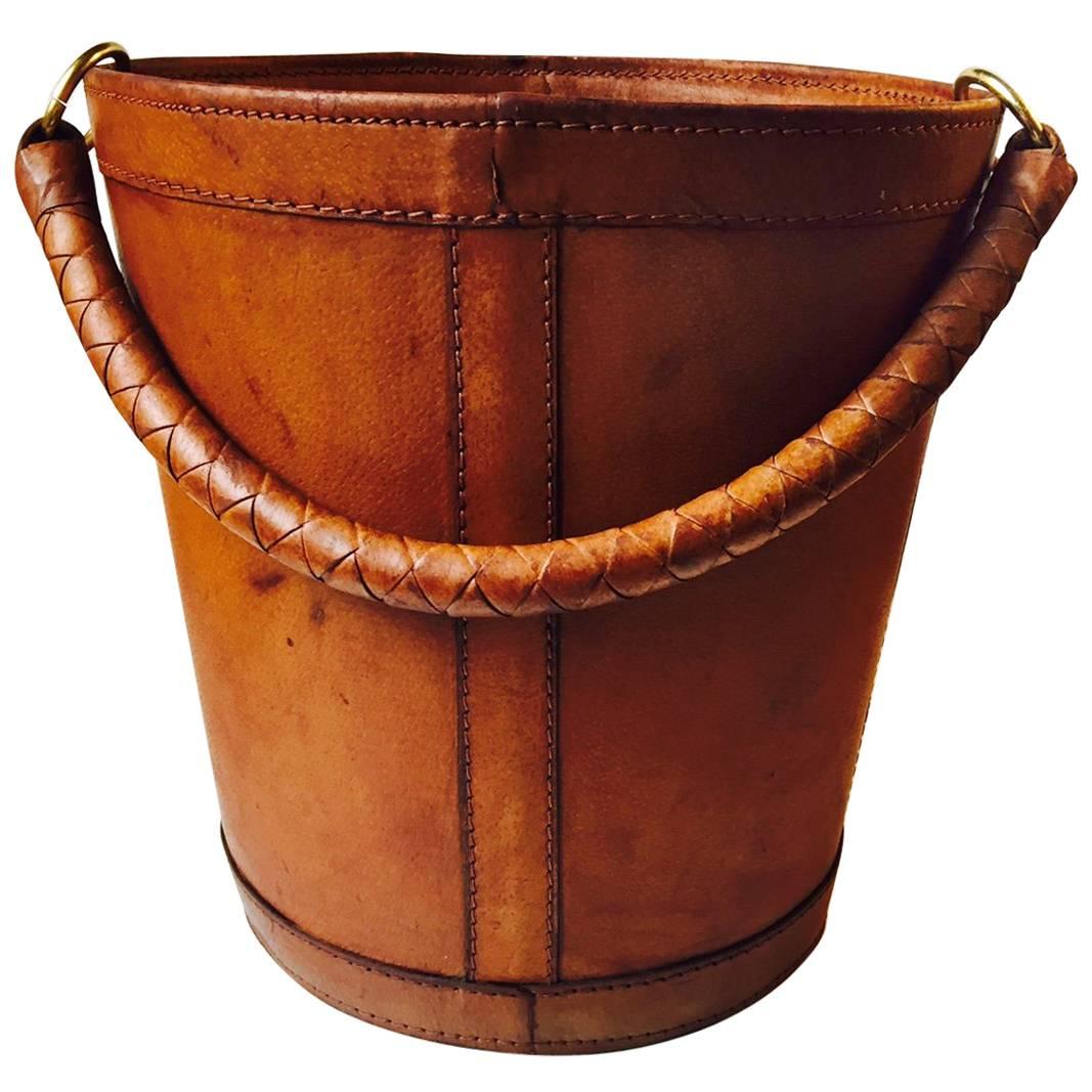 Vintage Danish Tanned Leather and Brass Trash Bin by Illums Bolighus, 1950s