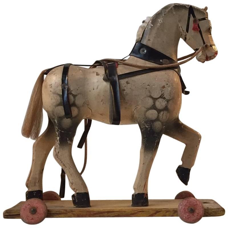 Old German 1930s Wooden Pull Along Horse Toy