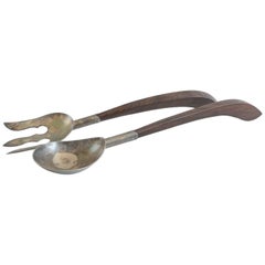 Vintage Mexican Modernist Silver Plated and Rosewood Salad Servers
