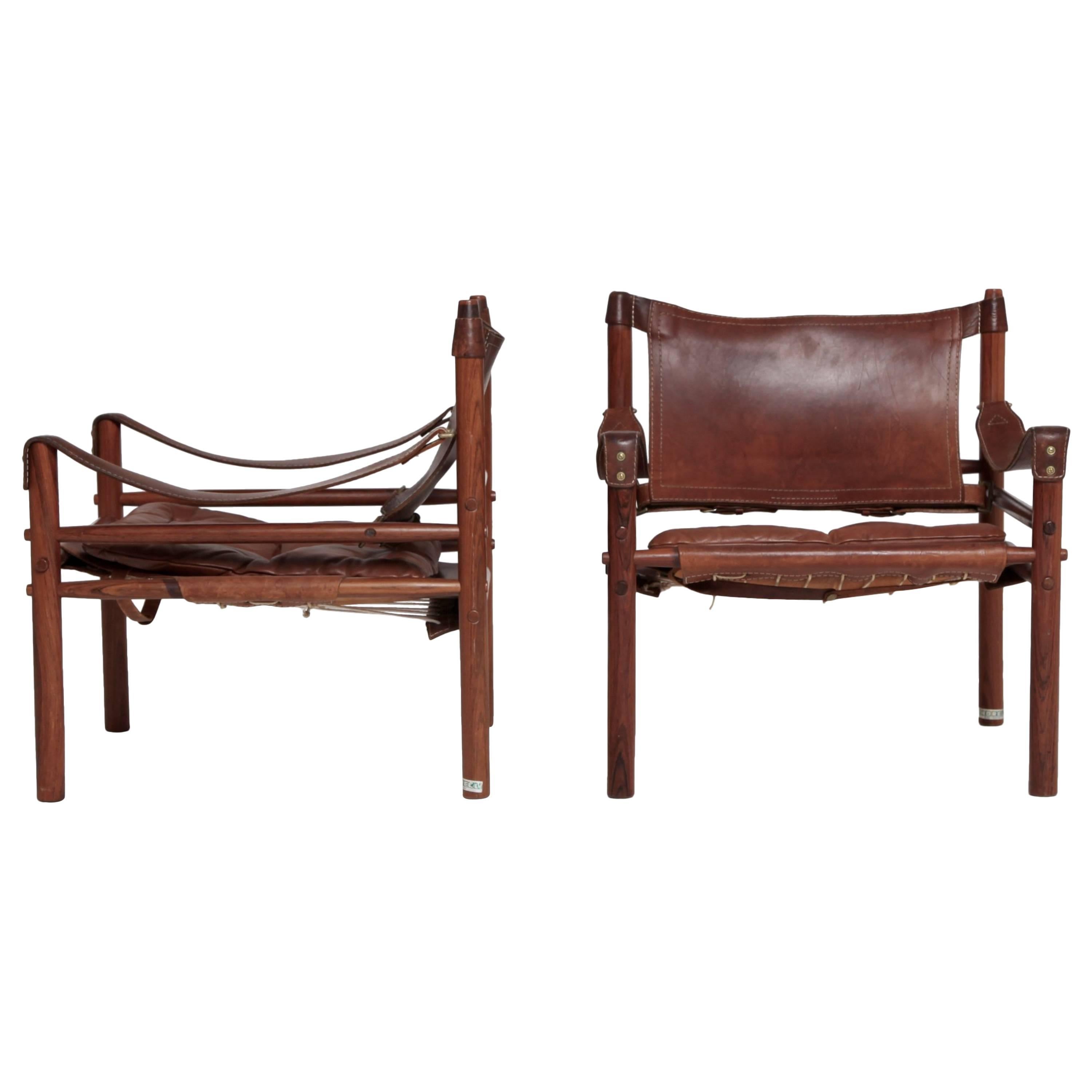 Arne Norell Rosewood and Brown Leather Safari Sirocco Chairs, Sweden, 1960s