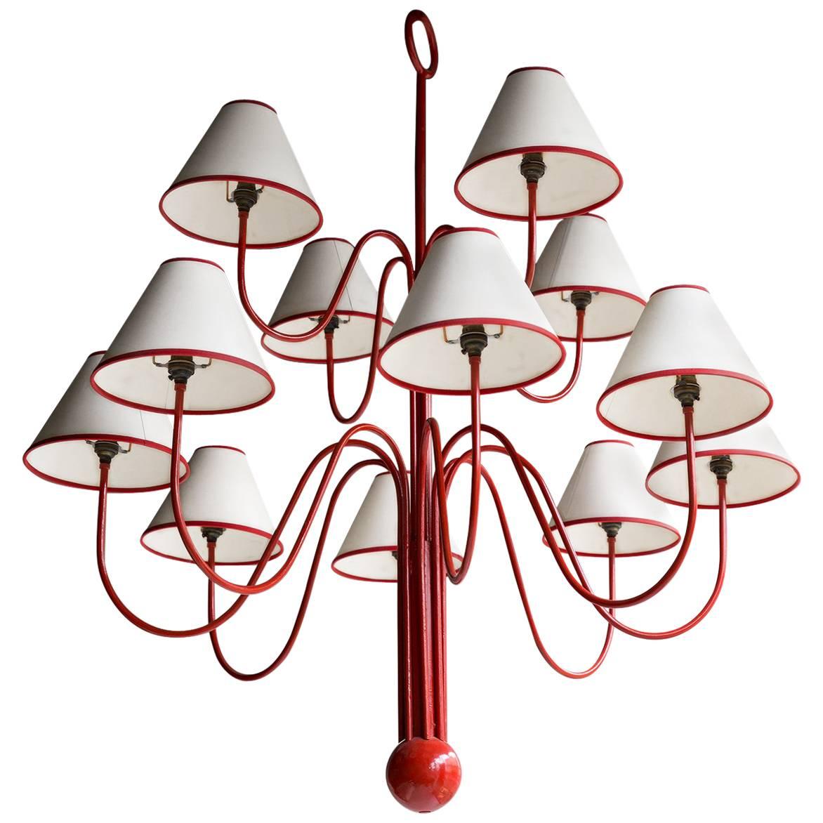 Red Lacquered Tubular Steel Chandelier, style of Jean Royere