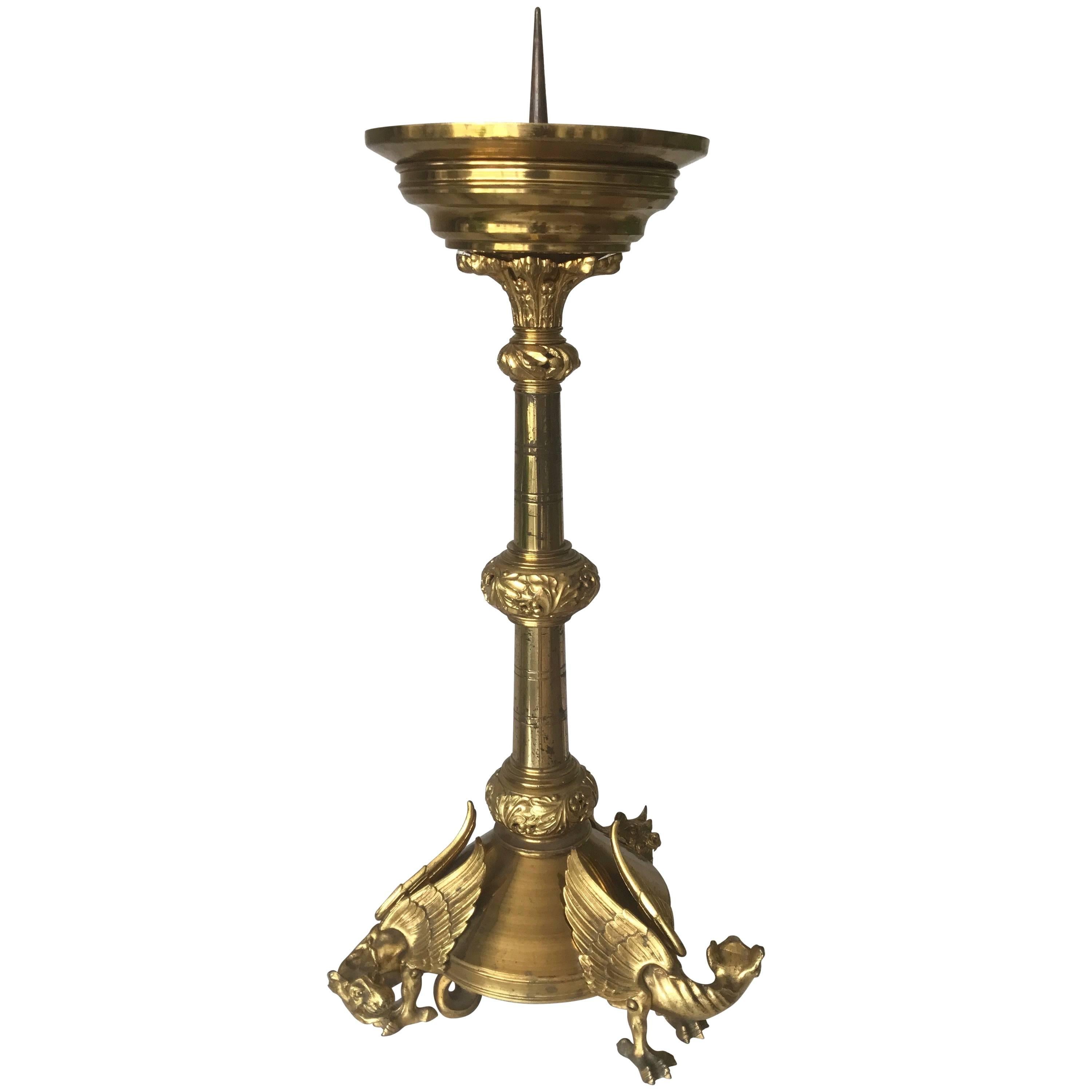 Impressive Gothic Revival Sizable Antique French Gilt Bronze Chimera Candlestick For Sale