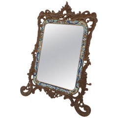 Antique French Bronze or Brass and Enamel Mirror, circa 1880