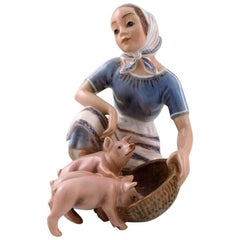 Rare Dahl Jensen No.1313 Girl with Piglets by Linda Roerup