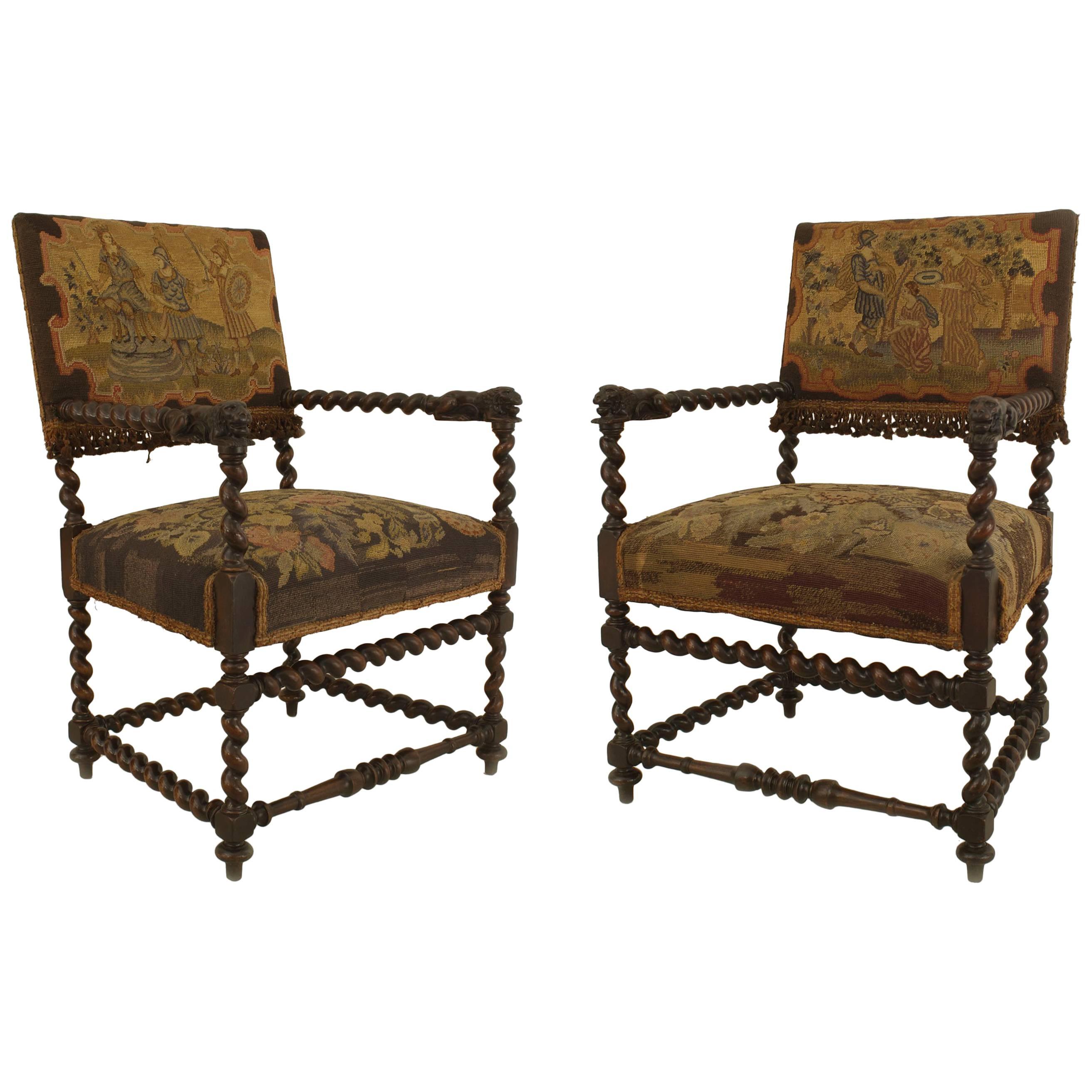 Pair of English Jacobean Style Swirl Design Walnut Armchairs