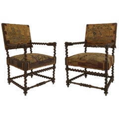 Pair of English Jacobean Style Swirl Design Walnut Armchairs