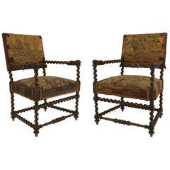 Pair of English Jacobean Style Swirl Design Walnut Armchairs