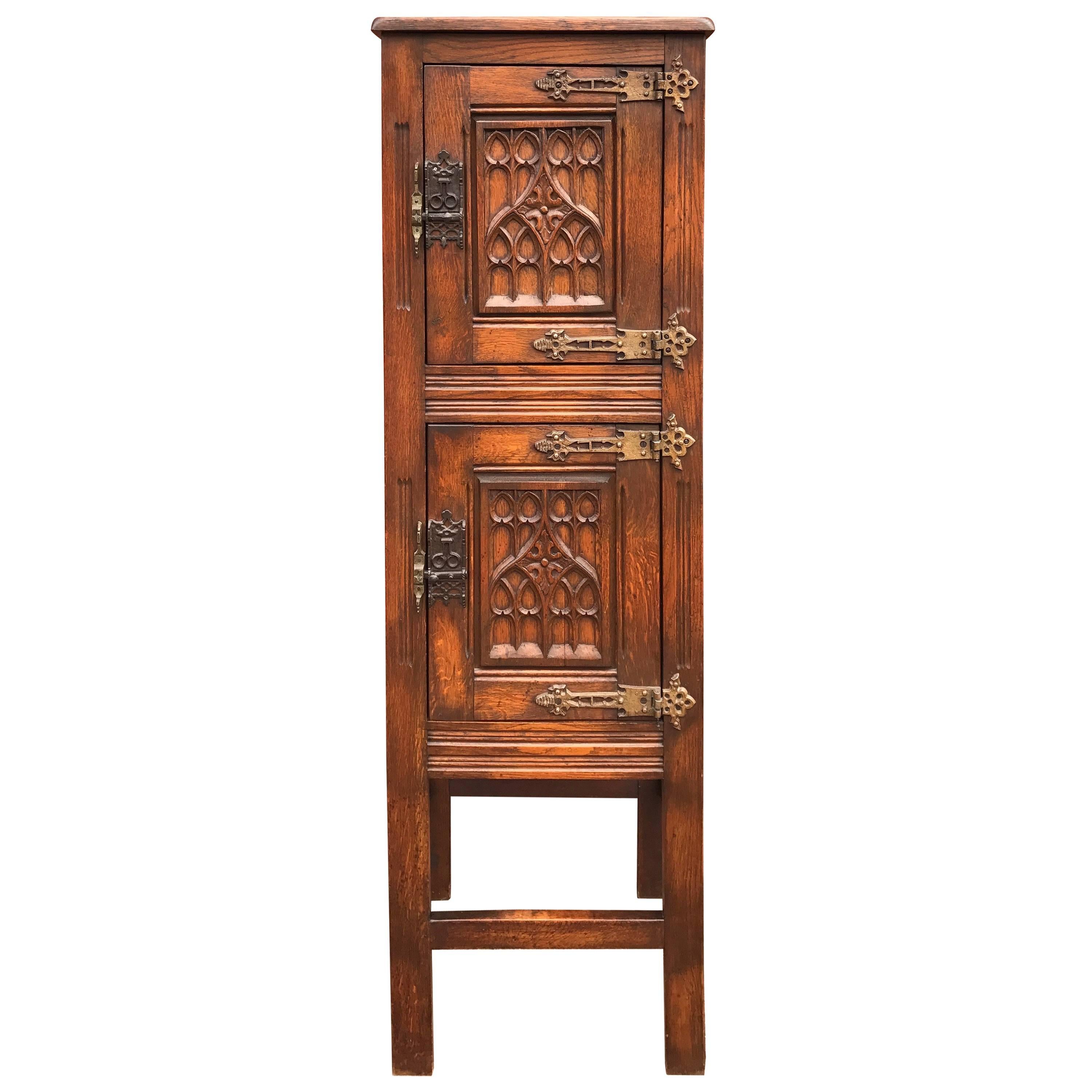 Mid-20th Century Hand-Carved Gothic Revival Drinks Cabinet with Cast Iron Hinges