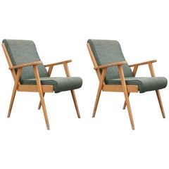 Pair of French Armchairs in Beechwood and Green Fabric