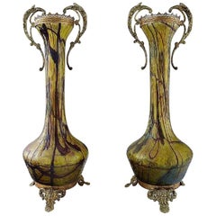 Art Nouveau a Pair of Large Art Glass Vases, Bronze Fittings, circa 1900