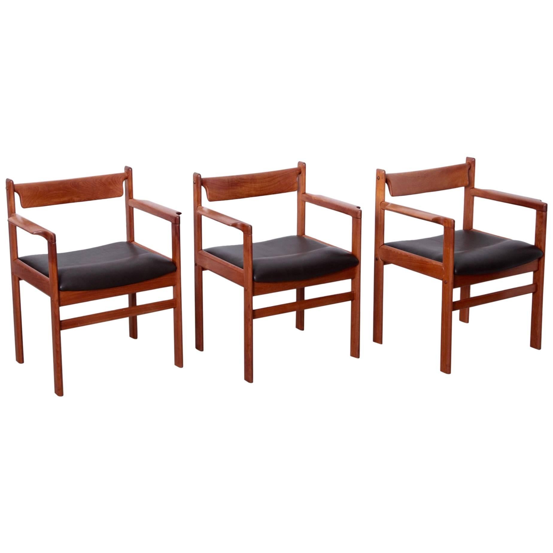 Set of Three Danish Occasional Armchairs in Teak and Leather