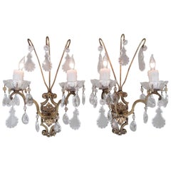 Pair of Early 20th Century Italian Neoclassical Bronze and Crystal Sconces