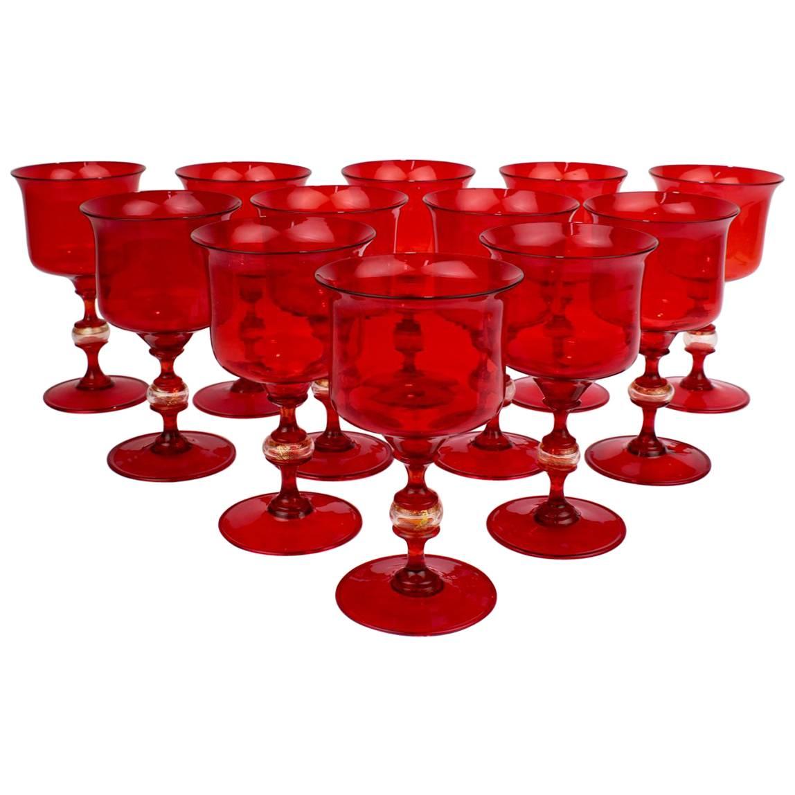 12 Mid-Century Red Venetian Glass Wine Goblets or Glasses