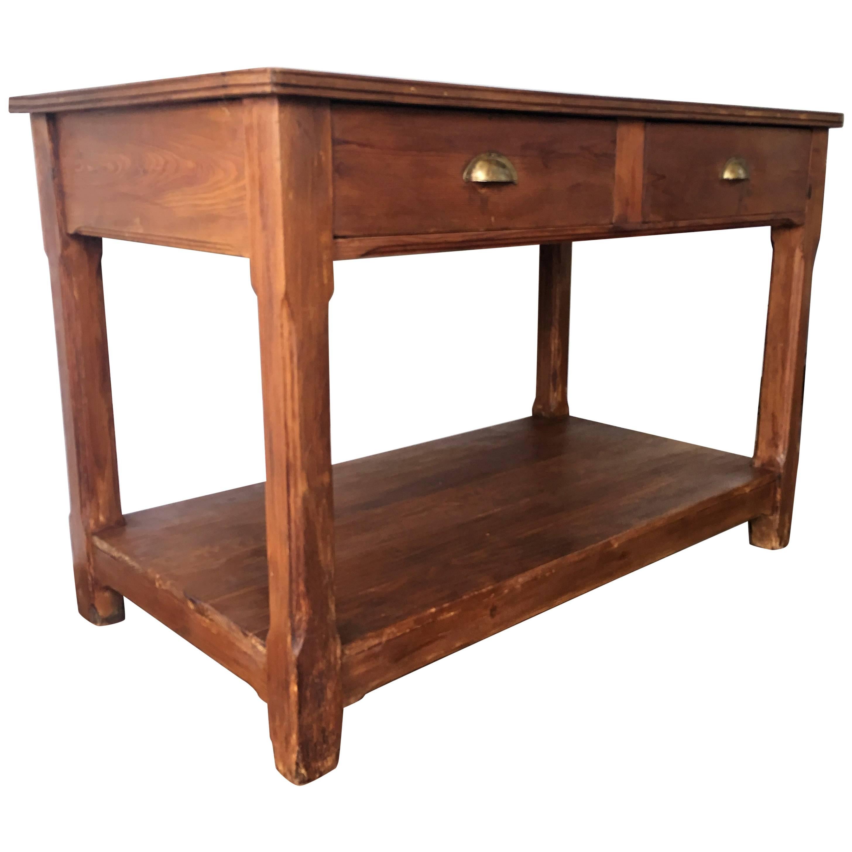 20th Century Pine Kitchen Table, Country Farm Table with Two Drawers