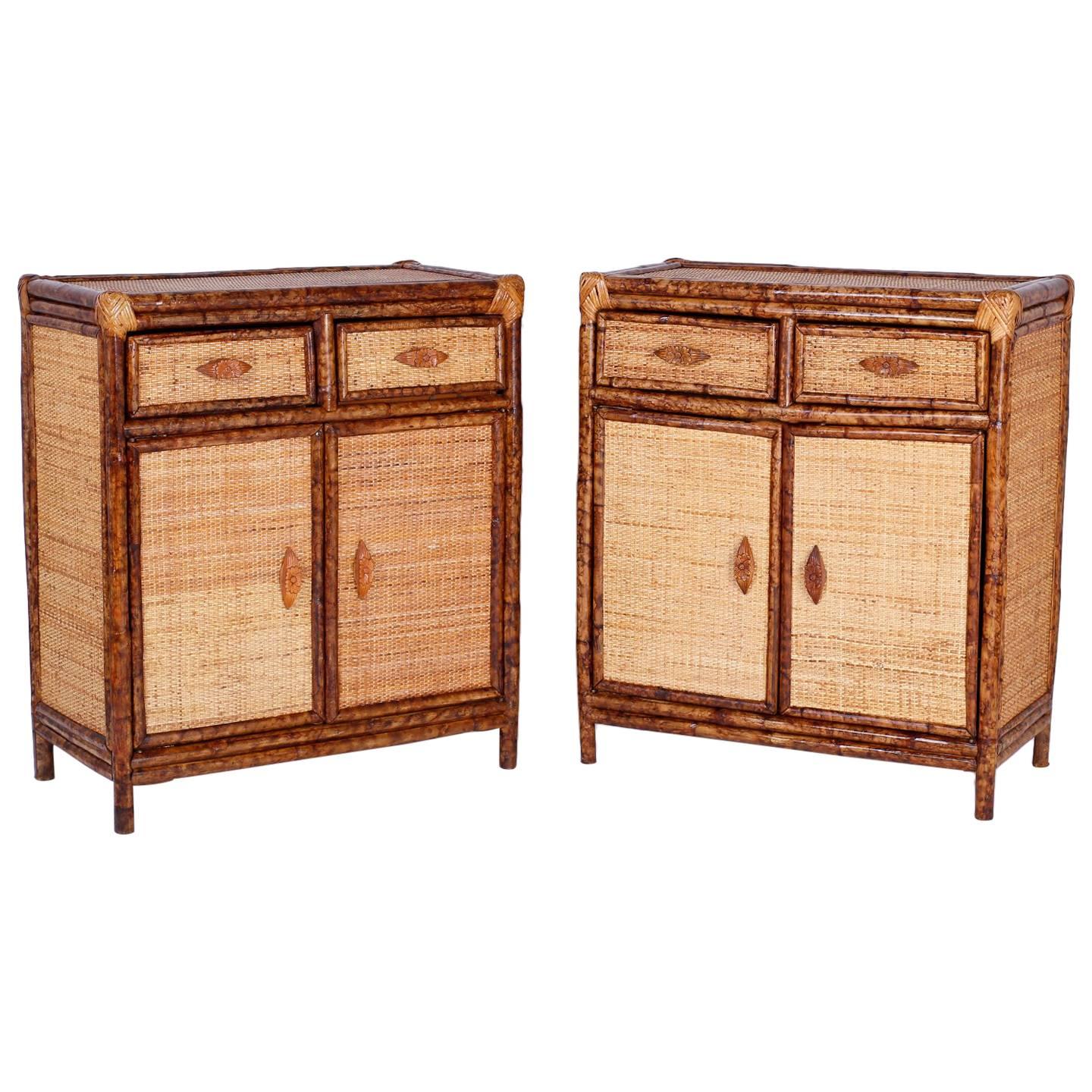 Pair of British Colonial Faux Bamboo Cabinets or Stands