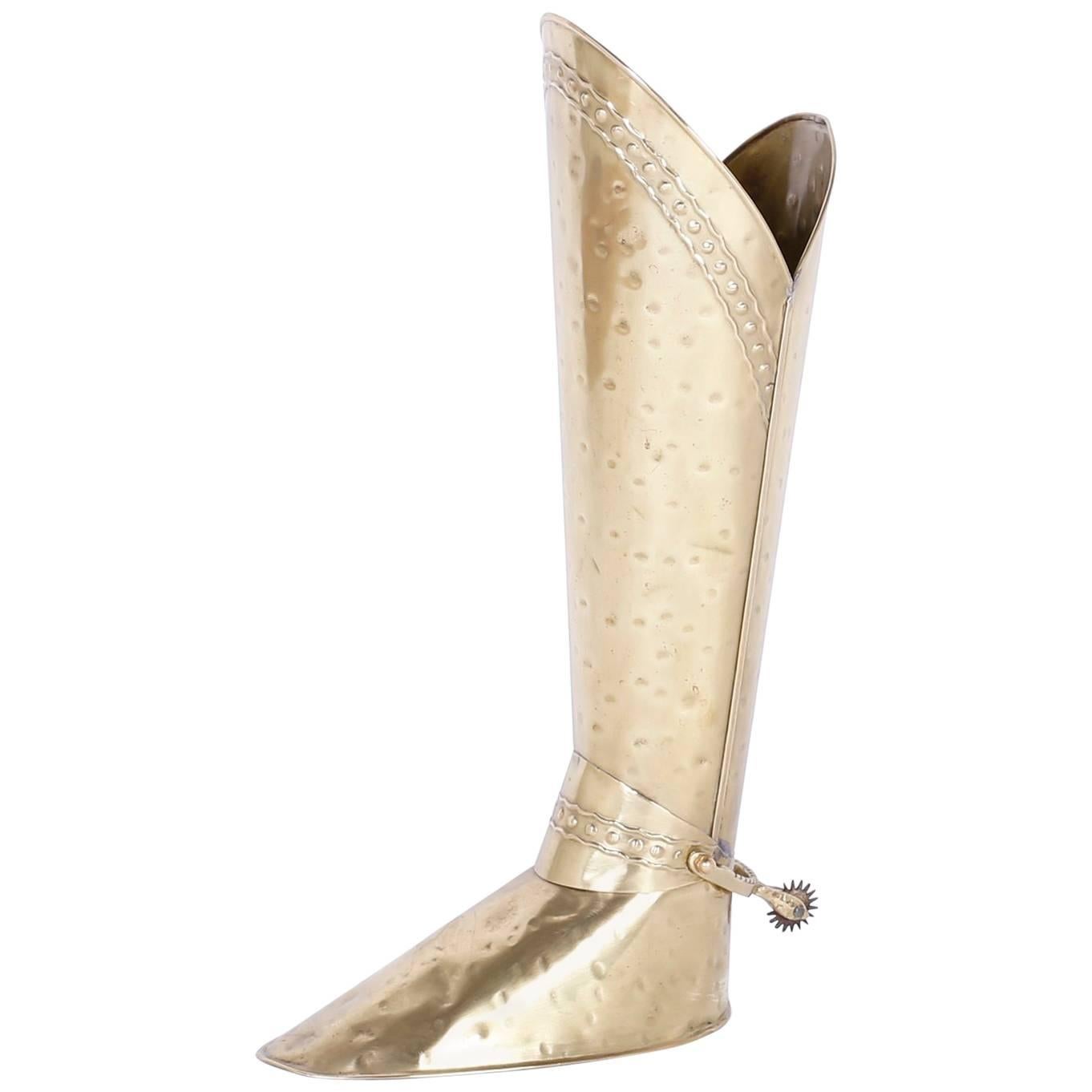 Mid-Century Modern Hand-Hammered Brass Boot Umbrella Stand For Sale