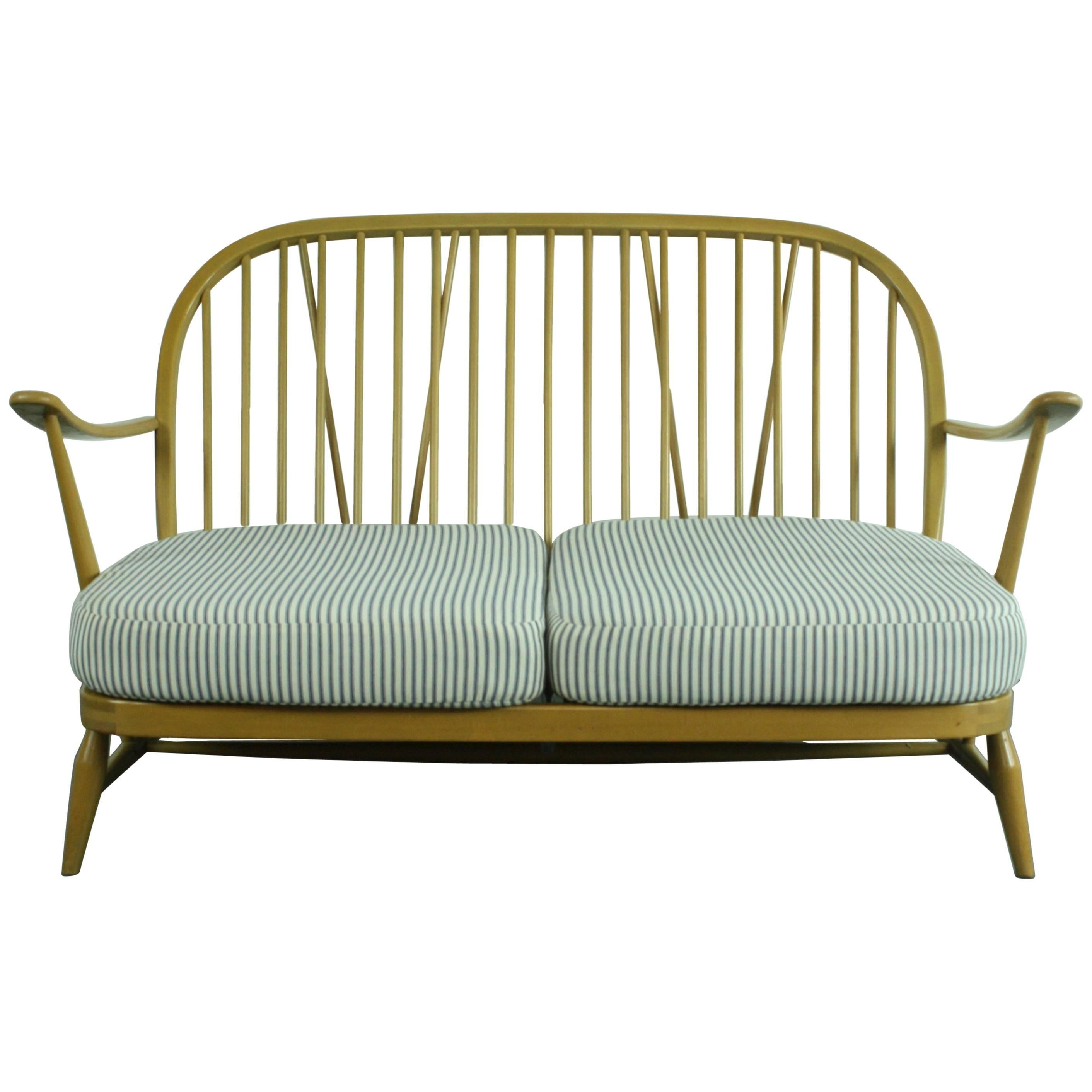Refurbished Vintage Ercol Windsor Two-Seat Sofa Upholstered in French Ticking For Sale