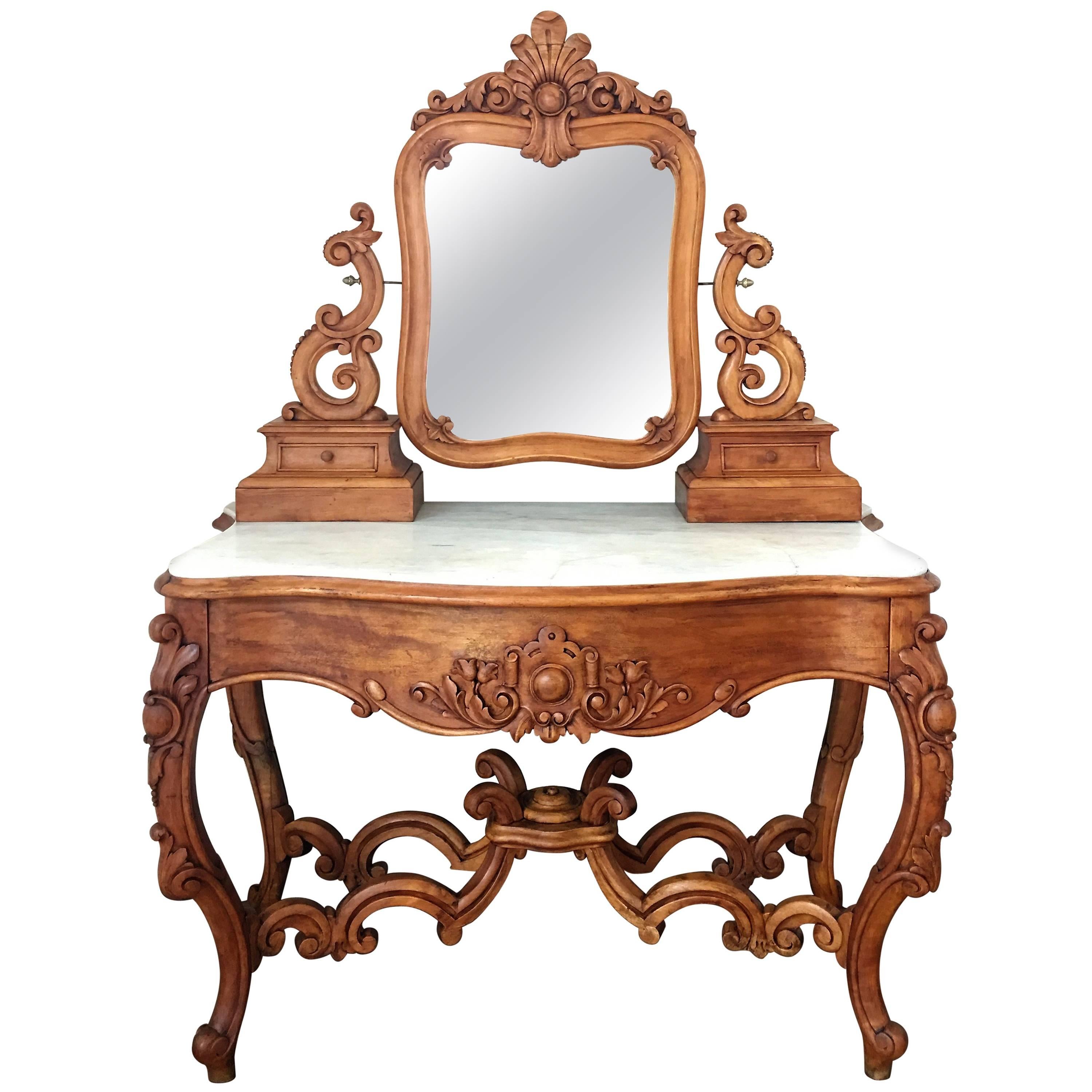 Carved Victorian Mahogany Vanity or Dresser Table with Attached Mirror