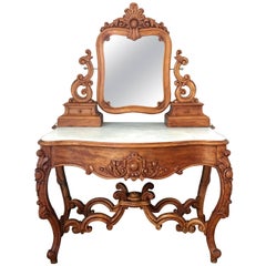 Antique Carved Victorian Mahogany Vanity or Dresser Table with Attached Mirror