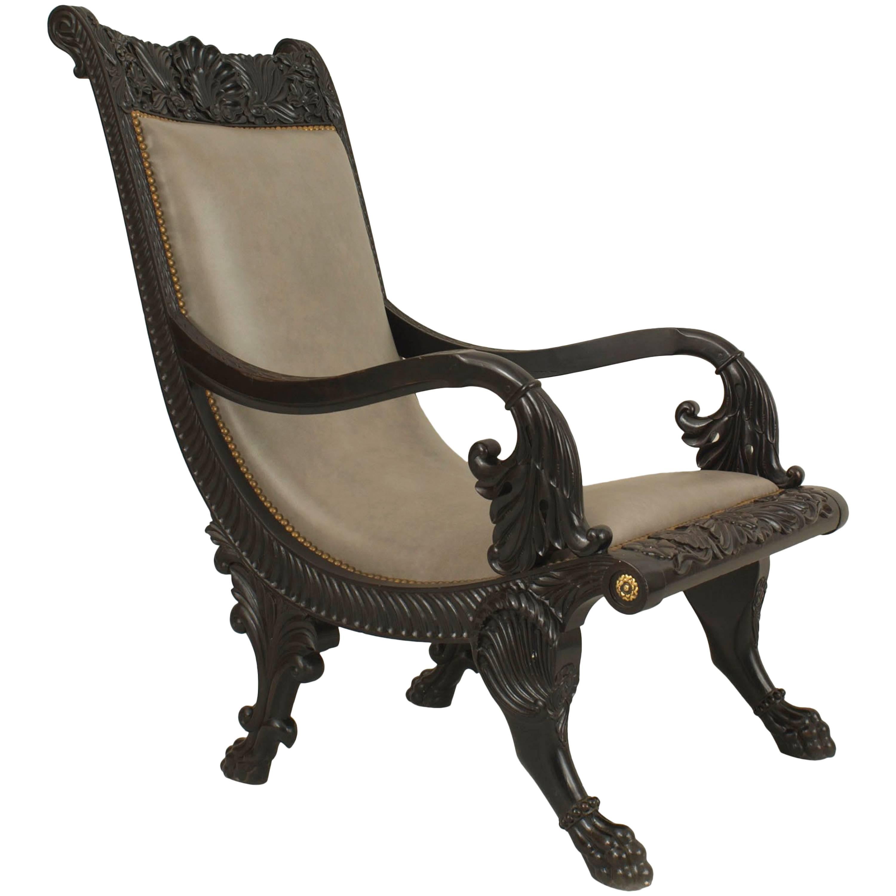 Anglo-Indian Ebony and Gray Leather Arm Chair For Sale