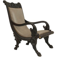 Anglo-Indian Ebony and Gray Leather Arm Chair