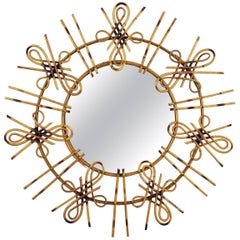 Unusual Spanish 1950s Chinoiserie Rattan Sunburst Mirror