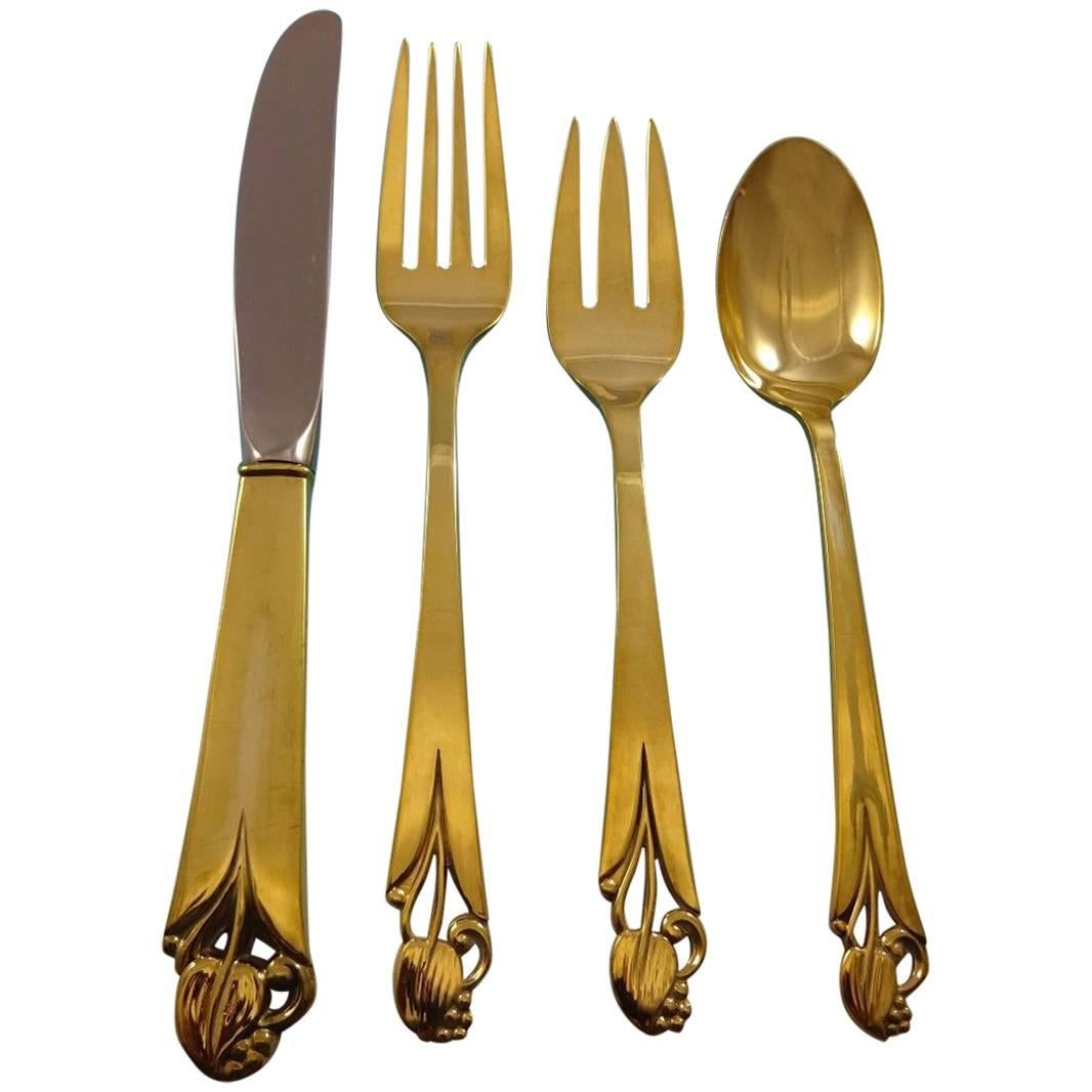 Woodlily Gold by Frank Smith Sterling Silver Flatware Set for 6 Service Vermeil For Sale