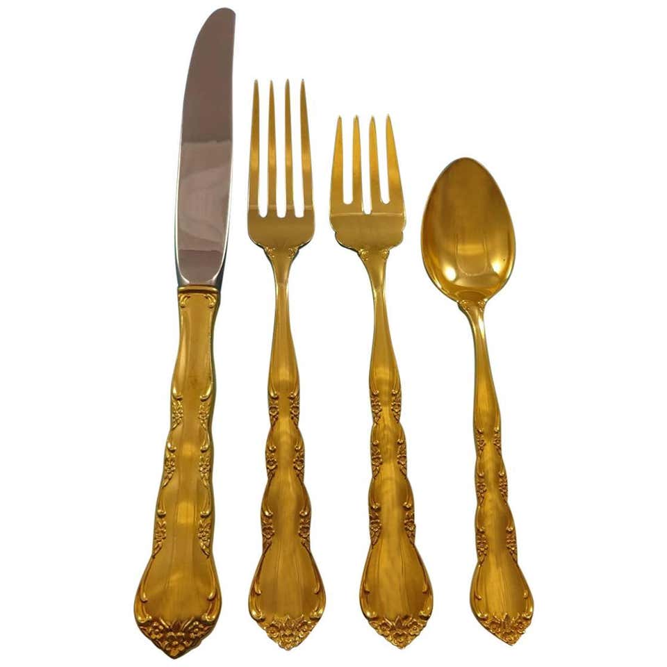 King by Kirk Sterling Silver Flatware Service Eight Set Gold Vermeil ...