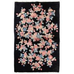 Black Background 1920s Chinese Art Deco Rug in Black with Pastel Flowers Bouquet