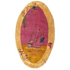 Oval Antique Chinese Rug with Ship, Vining Flowers, and Birds in Pink and Gold