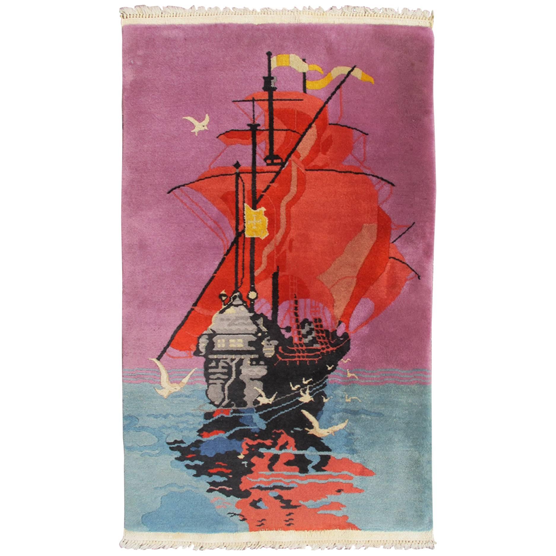 1920s Chinese Art Deco Rug with Sailing Ship and Birds in Bright Pink and Orange