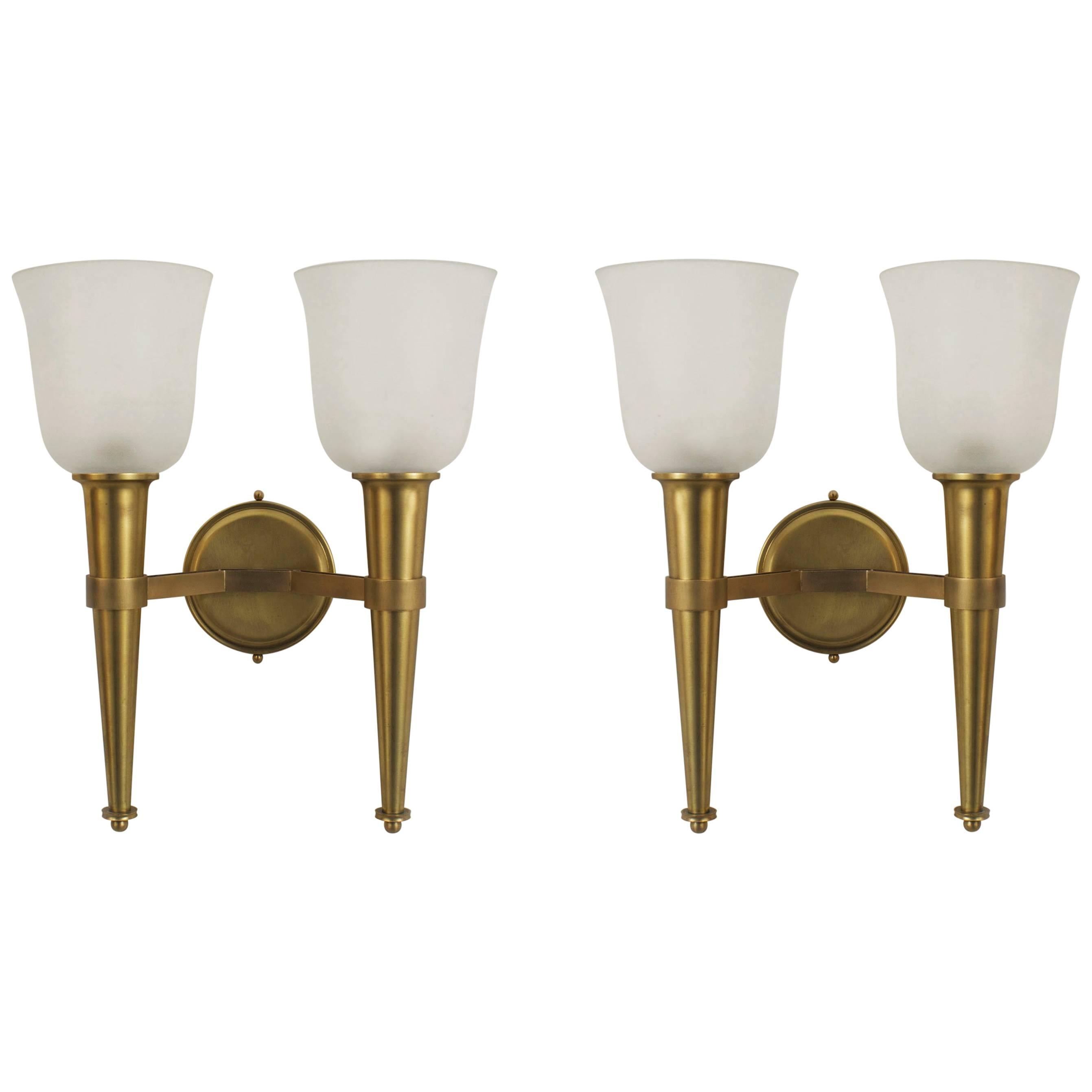 4 French Mid-Century Brass and Frosted Glass Torch Wall Sconces For Sale