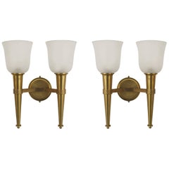 4 French Mid-Century Brass and Frosted Glass Torch Wall Sconces