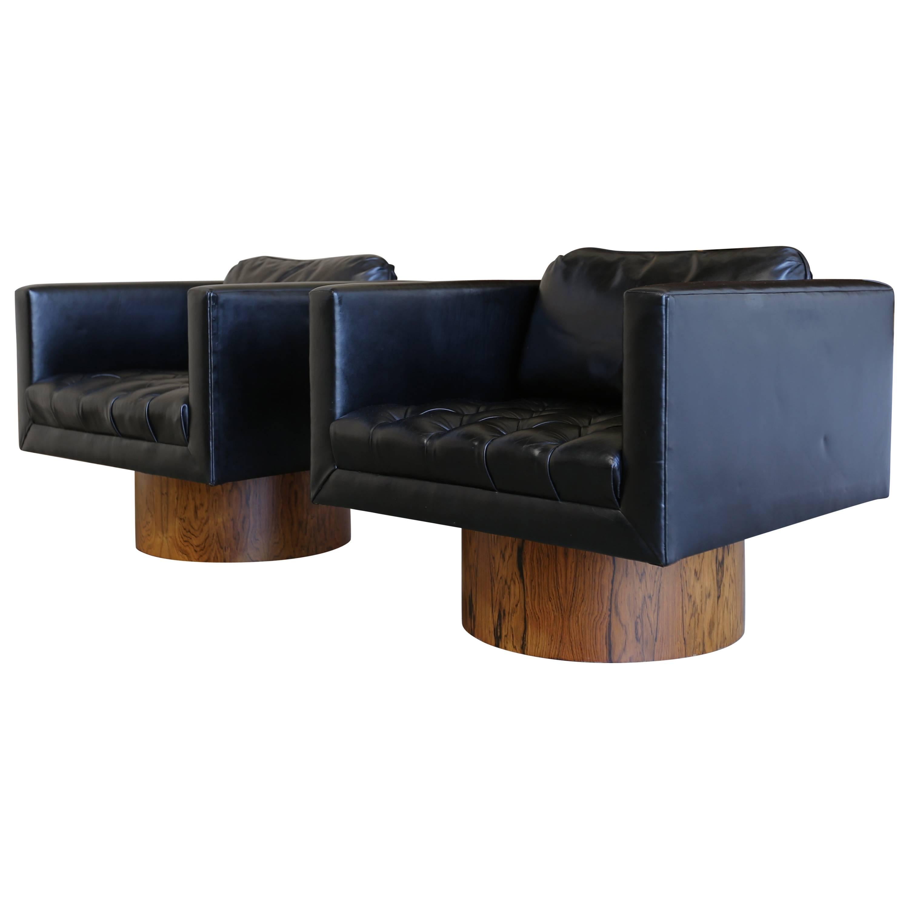 Black Leather and Rosewood Swivel Lounge Chairs by Harvey Probber