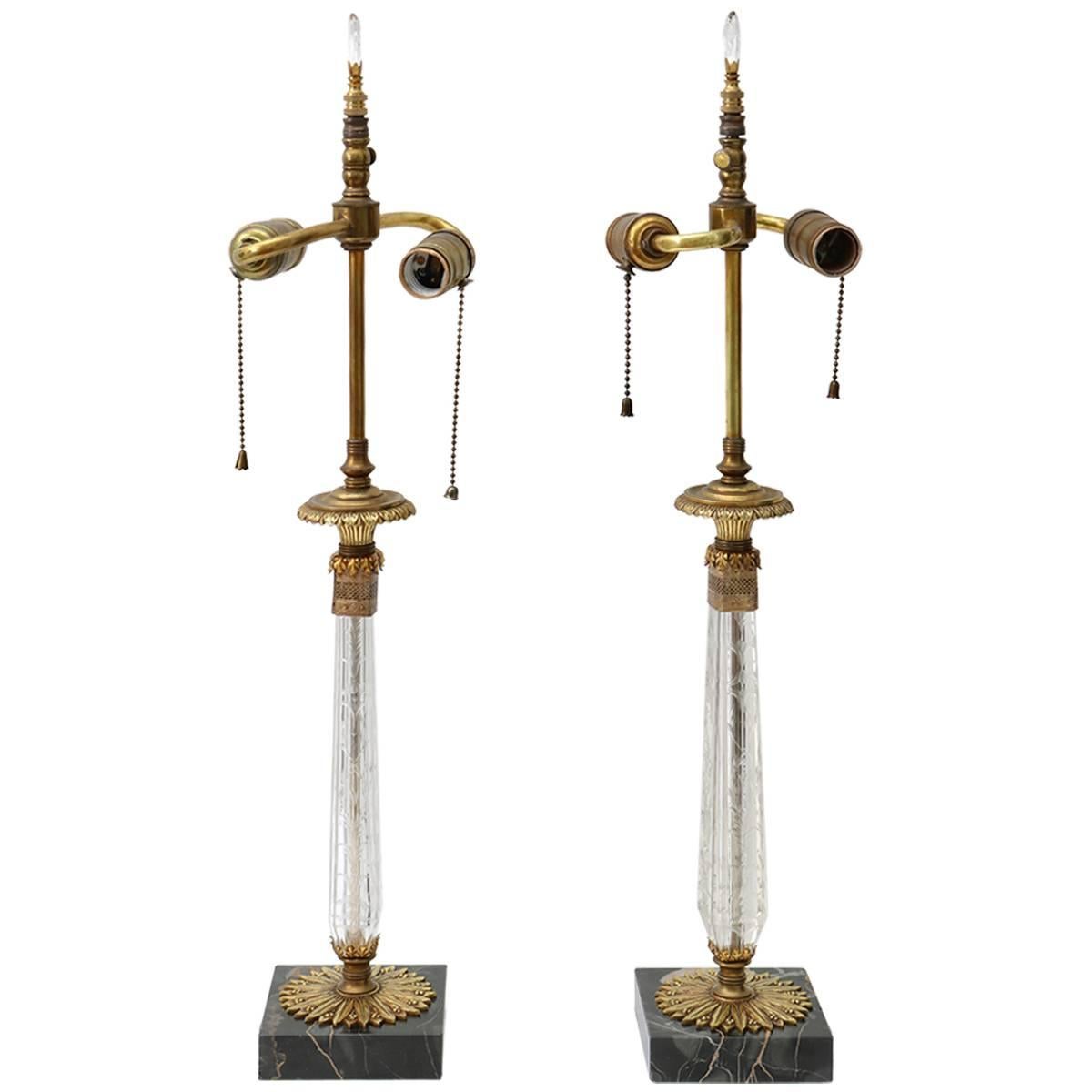 Pair of Vanity Table Lamps in Crystal, Bronze and Marble