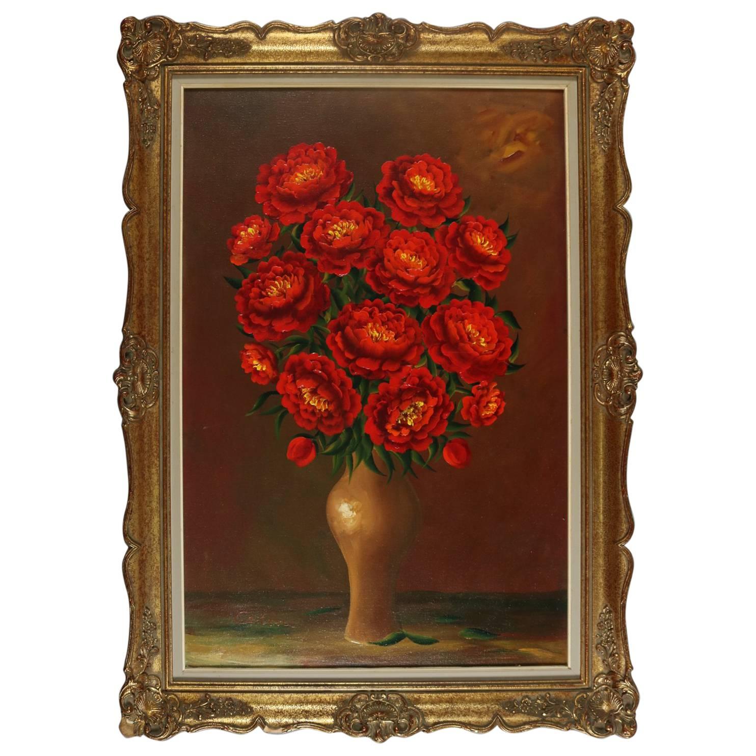 Vintage and Large Oil on Canvas Roses, Signed, COA, 20th Century