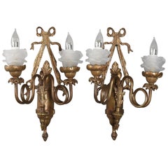 Pair of Vintage French Cast Bronzed Wall Sconces with Floral Bobeches Pair of Vintage French Cast Bronzed Wall Sconces with Floral Bobeches