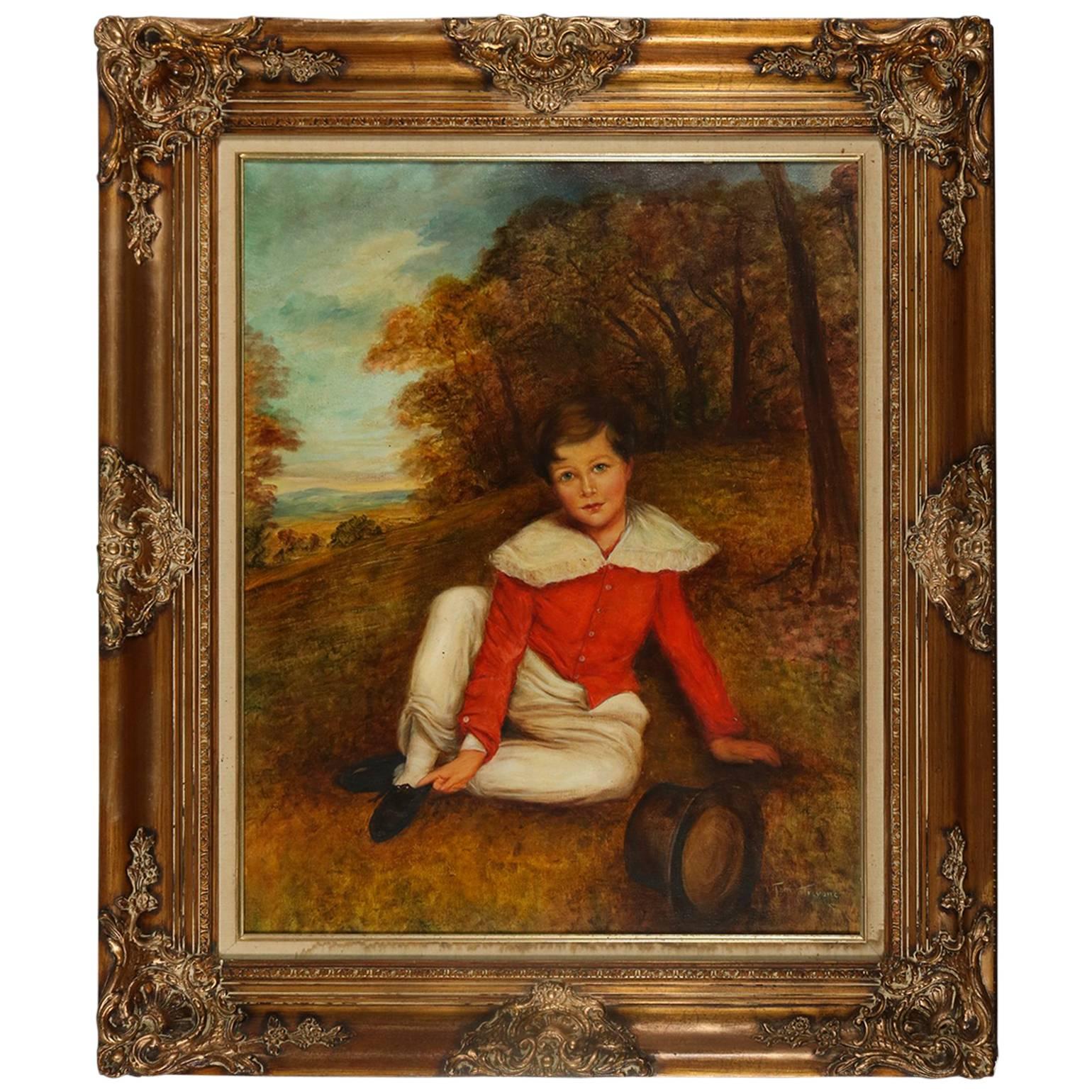 Vintage and Large Oil on Canvas Portrait of Child by T. Trevari, 20th Century